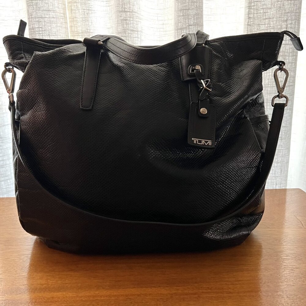 Authentic TUMI Faux Leather Snake Pattern Hobo Handbag/Tote in Black